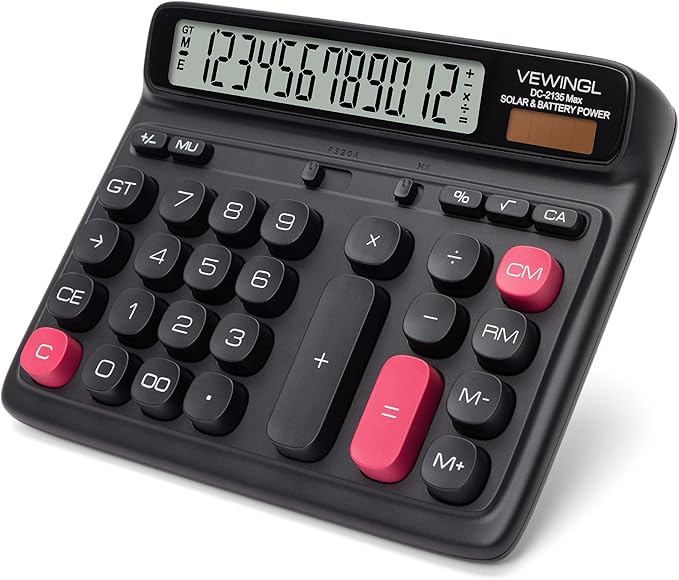 VEWINGL Desktop Calculator, 12-Digit Large LCD Display, Big Computer-Style Keys, Dual Power (Solar & Battery), Auto Sleep Mode, for Office, School, Home & Business 7.5″ x 6.1″ (Black, L)