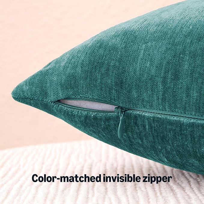 Amazon Basics Chenille Throw Pillow Covers, Home Decor Cushion Cover for Bedroom Living Room Couch Bed, 18" W × 18" L, Deep Teal