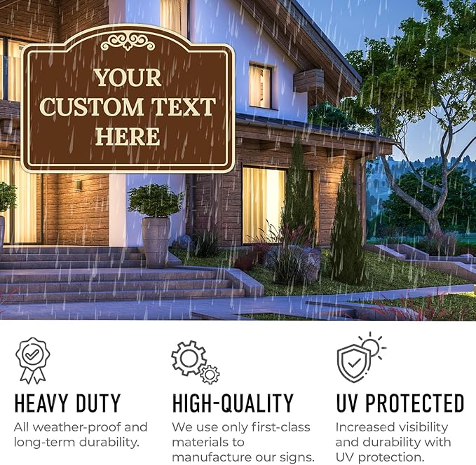 Custom Decorative Sign, Personalized Metal Sign for Business, Driveway, Home, Airbnb, Office Door Plaque, Brown Background Sign, 14x10 Inches, ACM, Fade Resistant, Made in USA by Sigo Signs