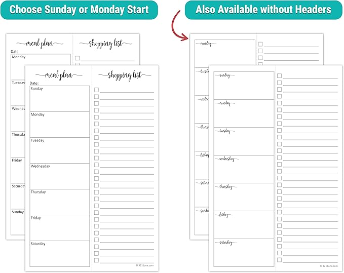 321Done Meal Planning Notepad - 50 Sheets (5.5x8.5) Perforated Weekly Meals Planner Shopping List Menu Groceries Grocery List, Tear Off Memo Pad - Made in USA - Monday Start