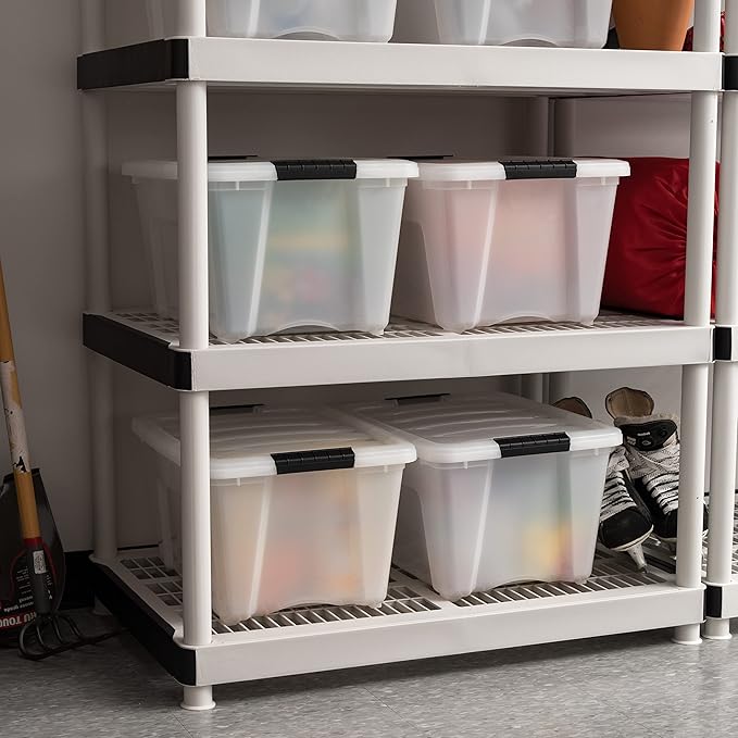 IRIS USA 32 Qt Stackable Plastic Storage Bins with Lids, 4 Pack - BPA-Free, Made in USA - Discreet Organizing Solution, Latches, Durable Nestable Containers, Secure Pull Handle - Pearl