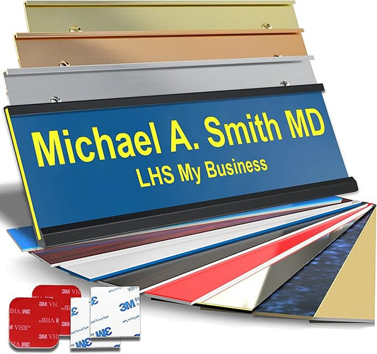 Custom Name Plate for Doors, with Choice of Mounting Holders for Walls, Doors, Cubicles, Hanging and More - Personalized Blue Plastic Yellow Letters - USA Made 2x6 - B20