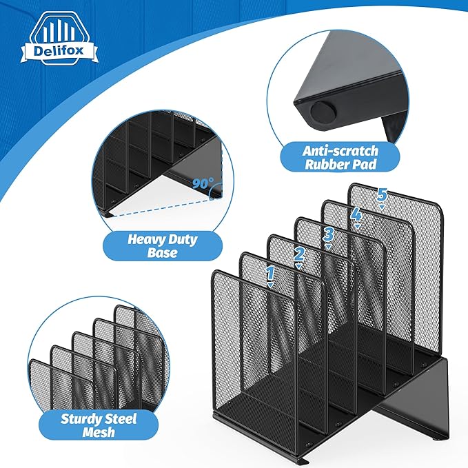 2 Pack Inclined 5-Section Desk File Organizer, Vertical File Folder Holder File Sorter Desktop Organization for Office Classroom