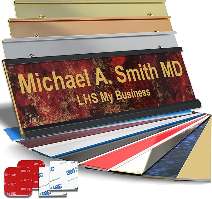Custom Name Plate for Doors, with Choice of Mounting Holders for Walls, Doors, Cubicles, Hanging and More - Personalized Rustico Granite Plastic Gold Letters - USA Made 2x6 - S7