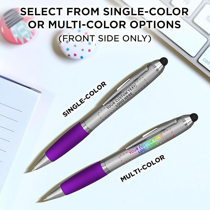 DISCOUNT PROMOS Custom Stylus Ballpoint Pens Set of 10, Personalized Bulk Pack - Black Ink, Great for Office, School, Business, Tradeshows, Events - Purple