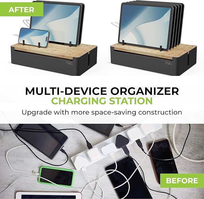 Prosumer's Choice Black Wooden Charging Station Organizer for Multiple Devices - Cable Management Box with 5 Slots and Removable Dividers - Charger Organizer for Phone, Tablet, Home, Office, 12"x6"x7"