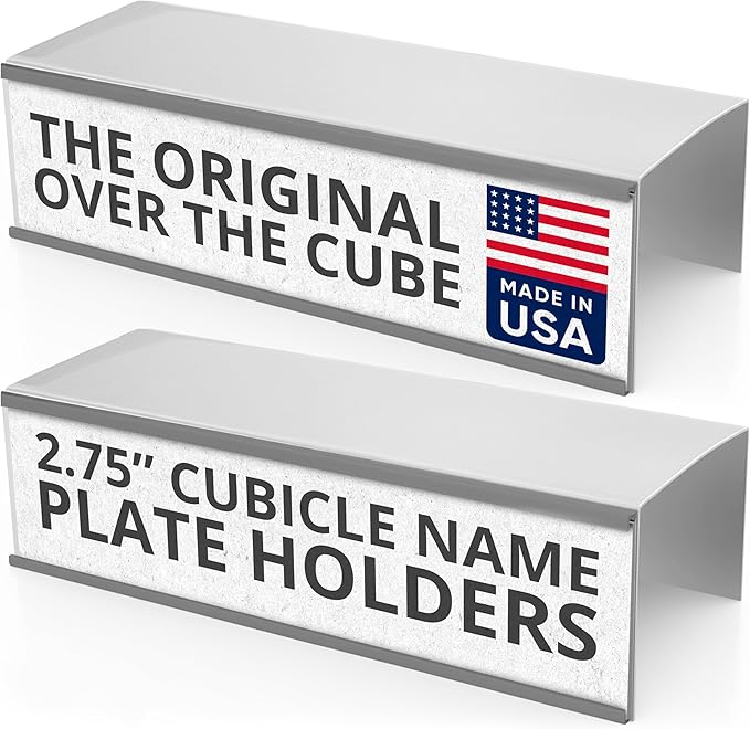 The Original Over the Cube - Quality Aluminum, Changeable Cubicle Nameplate Holder, Satin Silver Base, and Silver Name Plate Holder, (2.75" cubicle wall depth) - Made in the USA