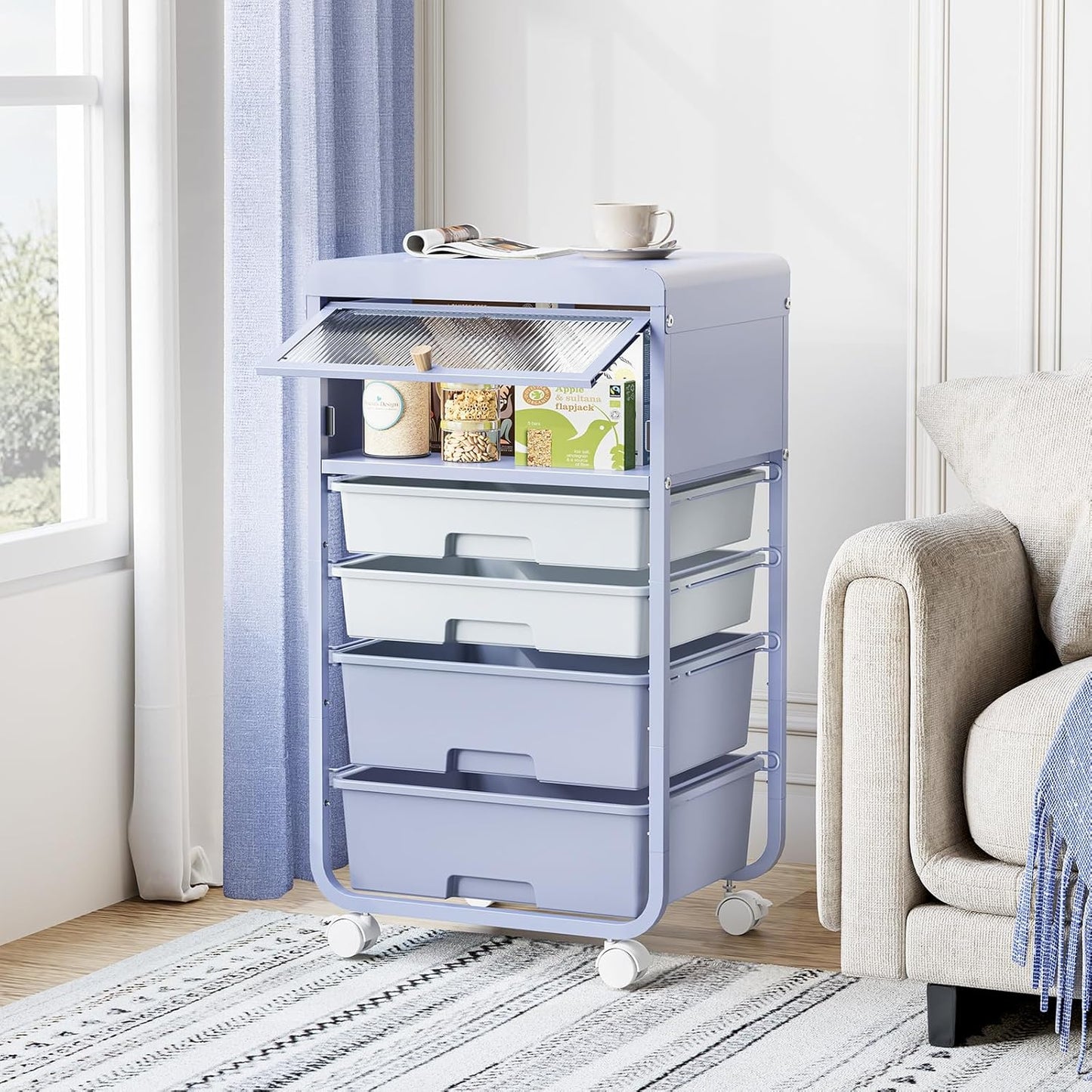 Utility-Rolling-Storage-Drawer-Craft-Cart-Organizers with 4 Drawers & Dust-Proof Door for Kid Craft Art Room,Bedroom,Home Office, Lavender Purple