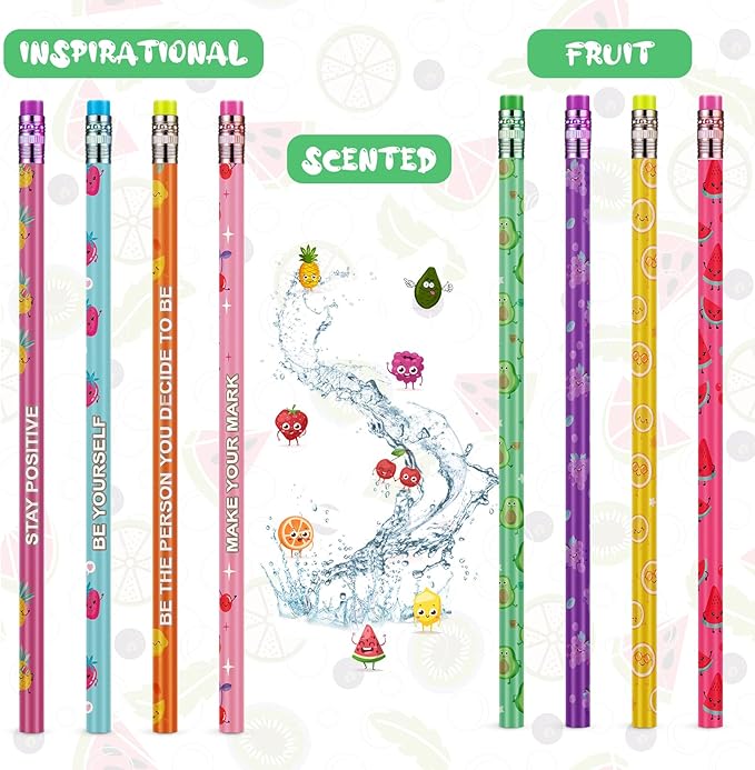 Leinuosen 60 Pcs Scented Pencils Bulk for Kids Inspirational Cute Fun Wood Smelly Pencils with Erasers Fruit Elements for School Classroom Office Students