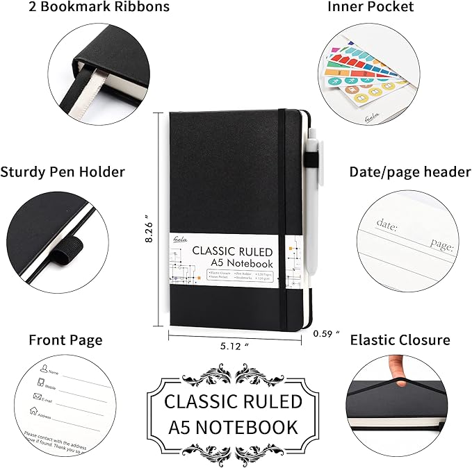 24 Pack Journal Notebook for Work, Feela Business Notebook Bulk Hardcover Lined Writing Journal with Pen Holder for Men Women Note Taking, with 24 Black Pens, 120 GSM, 5.1”x8.3”, A5, Black