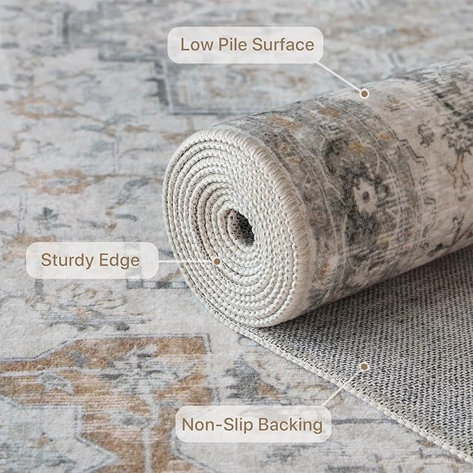 GENIMO Runner Rug 3x8, Non Slip Vintage Hallway Runner Rugs, Low Pile Lightweight Machine Washable Mat for Hallway, Entryway, Bedroom, Kitchen and Corridor, Light Taupe Brown