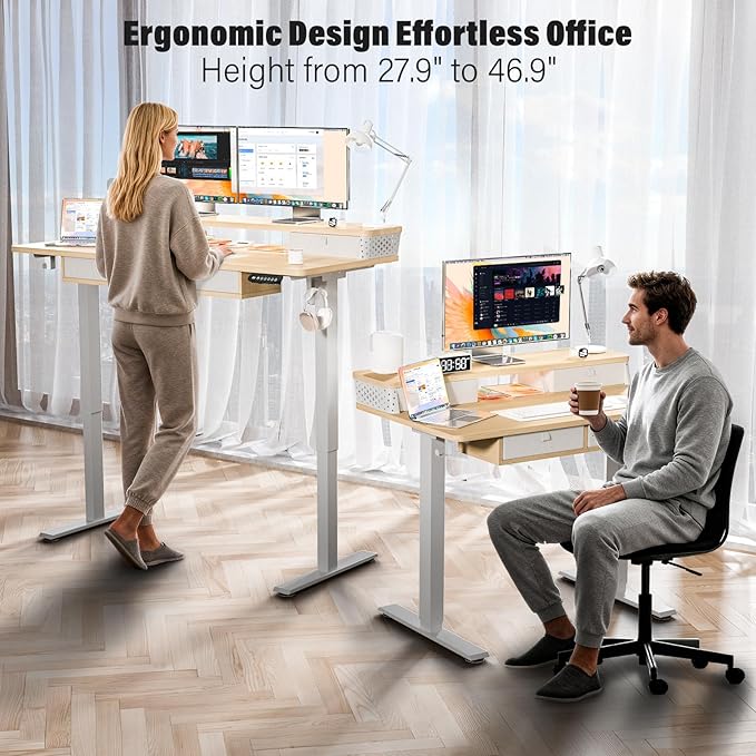 Kingant 40 x 24 Inch Electric Standing Desk with 4 Drawers, Height Adjustable Sit to Stand Computer Desk with Storage Shelf and C-Clamp Mount Compatibility for Home Office, Nature