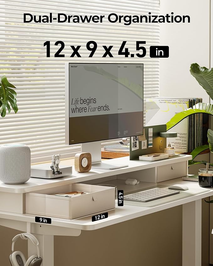 FEZIBO 55 x 24 Inch Height Adjustable Electric Standing Desk with Double Drawer, Stand up Home Office Computer Desk with 4 Height-Adjustable Feets & 2 Hooks, White