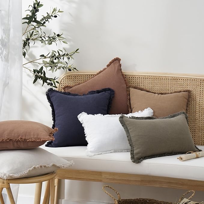 Foindtower Set of 2 Decorative Linen Fringe Throw Pillow Covers Cozy Boho Farmhouse Cushion Cover with Tassels Soft Accent Pillowcase for Couch Sofa Bed Living Room Home Decor, 24×24 Inch, Rust