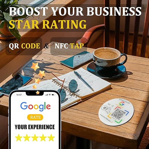 Epoxy Sticky Card with NFC Chip & QR Code - Compatible with Google Business Page for Customer Reviews, Boost Business Reviews, Essential for Small Businesses, No App, No Monthly Fee (White-5 Cards)