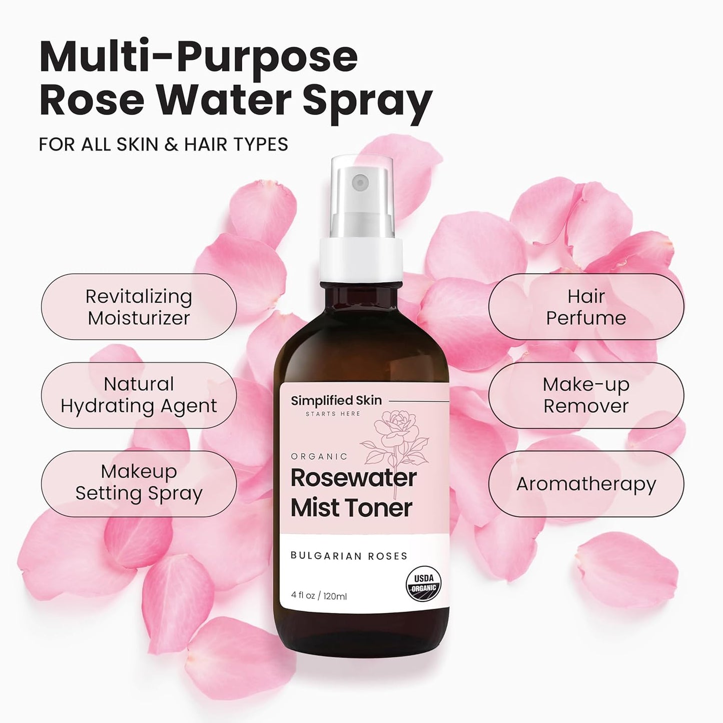 Rose Water Spray for Face & Hair - Organic USDA Certified Rosewater Facial Toner - Alcohol-Free Makeup Setting Hydrating Face Mist - Anti-Aging Toner Spray - 2 Pack