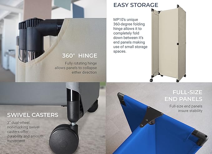 Versare MP10H Portable Folding Wall Partition | Economical 5 Panel Design | Portable Room Divider On Wheels | Adjustable, Freestanding Setup | Multiple Widths