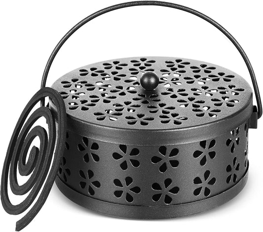 Portable Iron Mosquito Coil Holder with Handle Round Heat-Resistant Incense Holder (Black)
