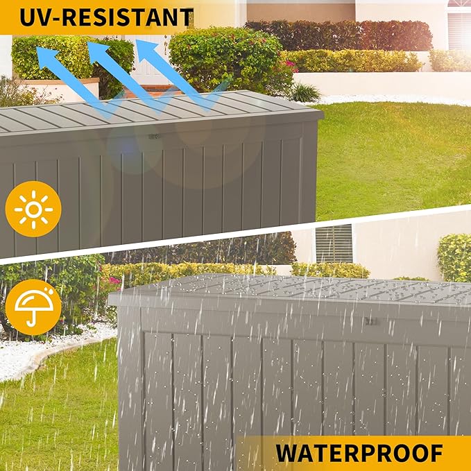Decksplore Outdoor Storage Box Waterproof, 200 Gallon Lockable Resin Large Deck Box, Patio Storage Bin for Pool Accessories Cushion Furniture, Garden Tools, UV-Resistant Outside Delivery, Grey