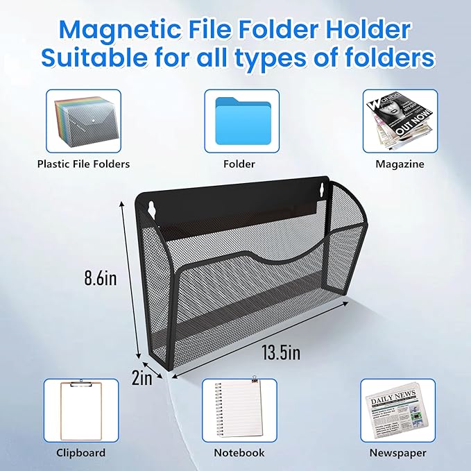 KZWKRG 6 Pack Magnetic File Holder, Magnetic Pocket Wall File Holder, Mesh Wall Paper Organizer, Vertical Mail Basket, Storage Organization Magazine Rack for Office, Home and School