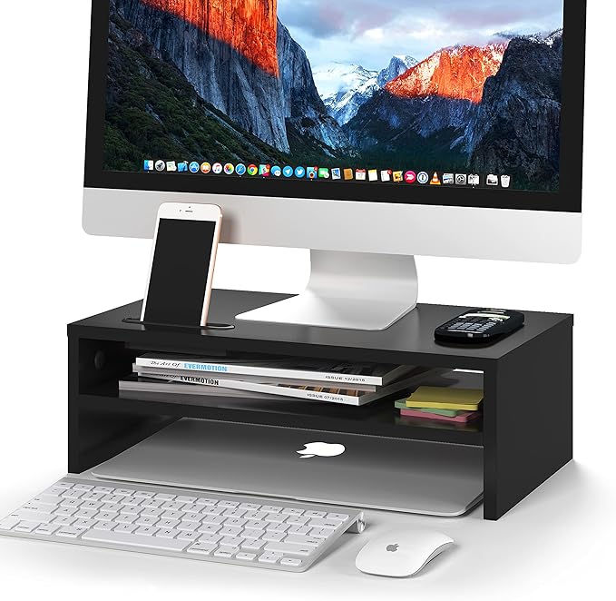 BONTEC Wooden Monitor Stand Riser, 2-Tier Desk Shelf with Storage Organizer, Ergonomic Computer Stand with Cable Management, Cellphone Holder, Black, 16.5 Inch