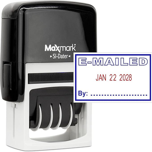 MaxMark Office Self Inking Date Stamp with Phrase E-Mailed - 2 Color Blue/Red Ink