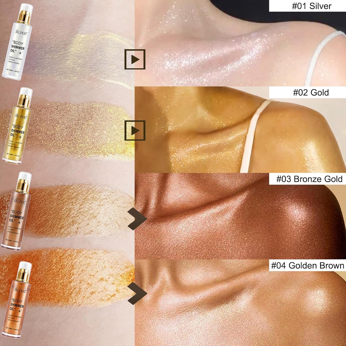 Body Shimmer Oil 100ml, Long Lasting Moisturizing Face & Body Luminizer, Waterproof Liquid Illuminator, Shimmer Glitter Oil Highlighter (#04 Golden Brown)