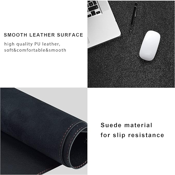 ZORESYN PU Leather Desk Mat Waterproof Anti-Oil Dining Table mat - 66.9" x 19.7" - Non-Slip Mouse Pad,Large Desk Pad with Suede Base,Stitched Edges Computer Desk Mat for Gamer,Office & Home | Black