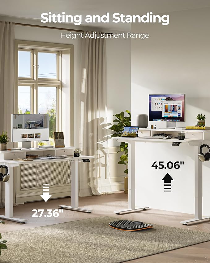 FEZIBO 40 x 24 Inch Height Adjustable Electric Standing Desk with Double Drawer, Stand up Home Office Computer Desk with 4 Height-Adjustable Feets & 2 Hooks, White