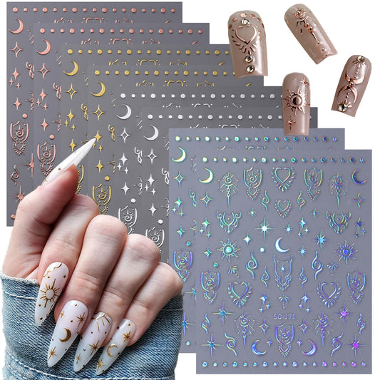 Moon Star Nail Stickers- 8Sheets Metallic Nail Art Stickers 3D Self-Adhesive Shiny Laser Stars Nail Supplies Gold Silver Nail Designs Stickers Sun Stars Moon Nail Decals for Women DIY Nail Decorations