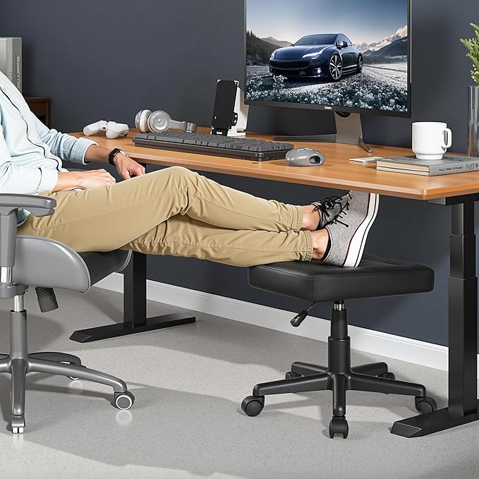 VECELO Under Desk Footrest, PU Ergonomic Foot Rest with Wheels, Comfort Padding, Height Adjustable for Relieving Leg Pain, Stiffness, Black