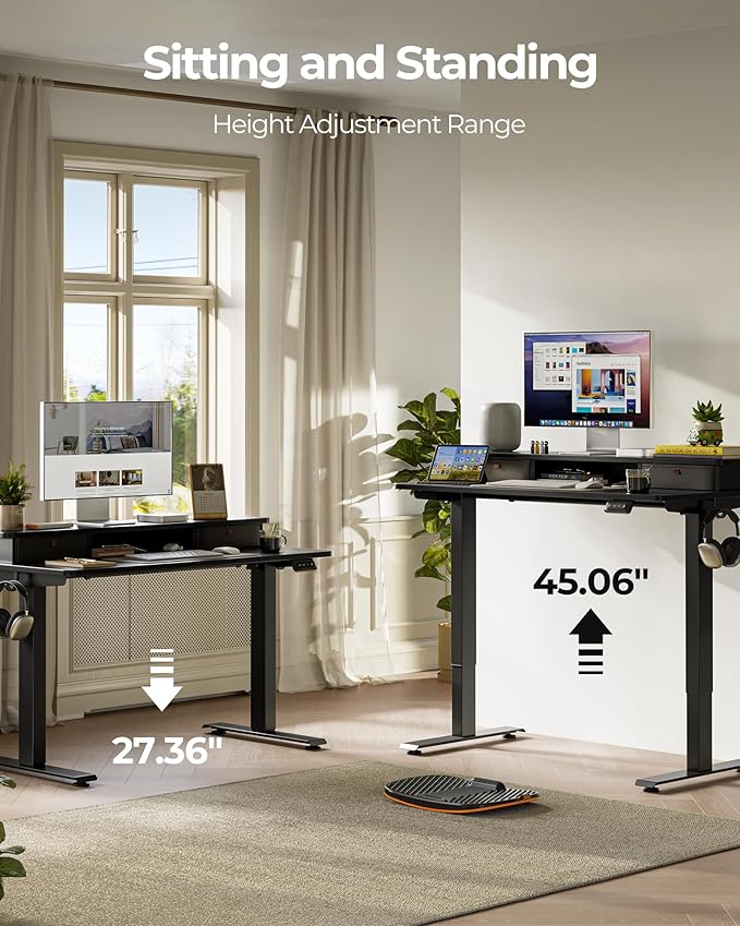 FEZIBO 40 x 24 Inch Height Adjustable Electric Standing Desk with Double Drawer, Stand up Home Office Computer Desk with 4 Height-Adjustable Feets & 2 Hooks, Black