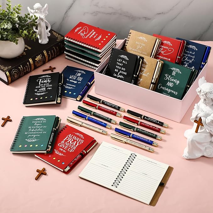 Spakon 30 Set Valentine's Day Christian Gifts Bulk Church Sticky Note Spiral Notebook Bible Verse Ballpoint Pen Prayer Journal Religious Scripture Notepad Sunday School Teacher Pastor Party Favor