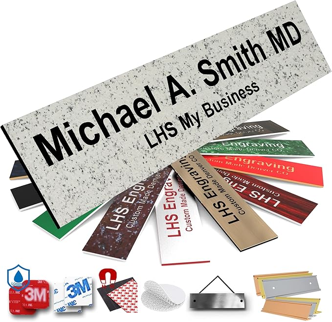 Door Name Plate Personalized for Office Stone Granite Plastic Name Plate Black Letters - Made in USA 2x10 S3