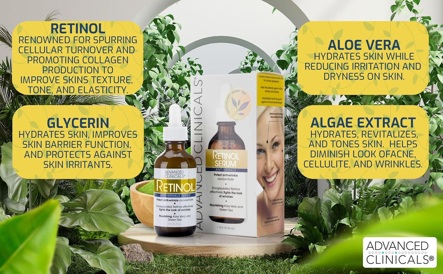 Advanced Clinicals Retinol Facial Serum Moisturizer Skin Care For Face, Anti Aging Retinol Concentrate Reduces Appearance Of Wrinkles & Fine Lines W/Nourishing Aloe Vera & Green Tea, 1.75 Fl Oz