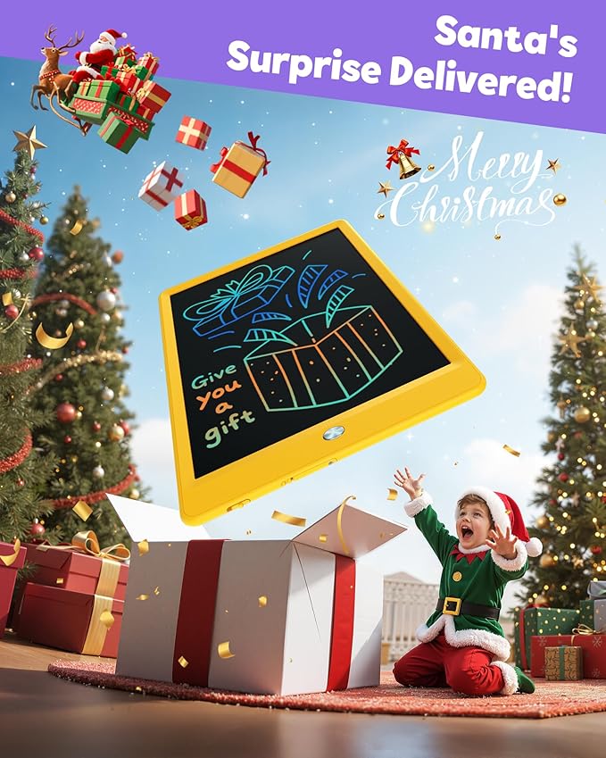 TEKFUN Toys for Girls Boys 10IN LCD Writing Tablet, Magic Doodle Board with Anti-Lost Stylus, Mess Free Coloring for Toddlers Drawing Pad, Toddler Travel Car Plane Trip Toys Gifts (Yellow)