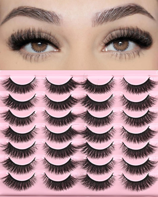 FARRED Natural Lashes Short Eyelashes Wispy False Mink Lash Pack 14 Pair Fluffy Cat Eye Strip Eyelash that Looks Like Extensions Small Fake Lashes for MUA and Beginners Daily Makeup (F14 | 8-15mm)