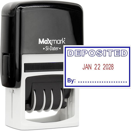 MaxMark Office Self Inking Date Stamp with Phrase Deposited - 2 Color Blue/Red Ink