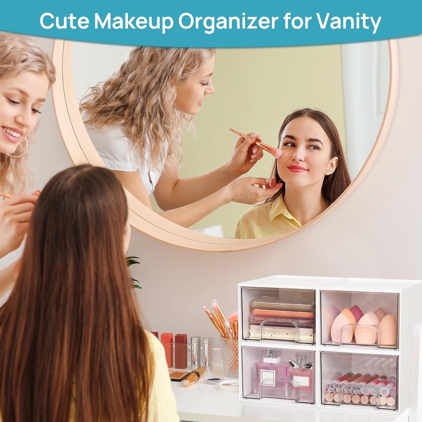 Vtopmart 4Pack Stackable Storage Drawer, 4.4'' Tall Bathroom Makeup Organizer,Plastic Storage Bins For Vanity, Undersink, Kitchen Cabinets, Pantry, Home Organization(White)