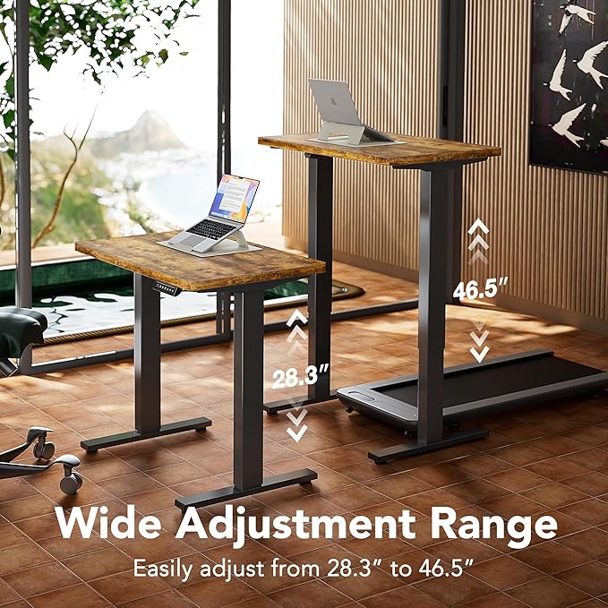 HUANUO 48" x 24" Electric Standing Desk Adjustable Height, 4 Memory Height Settings, Headphone Hook, Cable Manager, Sit Stand Up Desk for Home Office & Computer Workstation, Vintage Brown