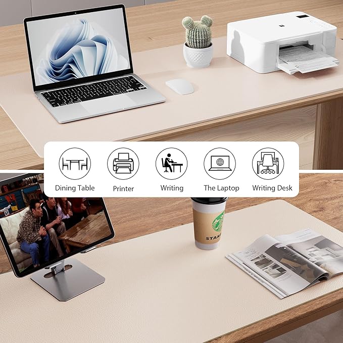 Aothia Large PU Leather Desk Pad Protector – Non-Slip Mouse Pad & Writing Mat for Office/Home, Waterproof, Easy to Clean (36" x 17", Eggshell)