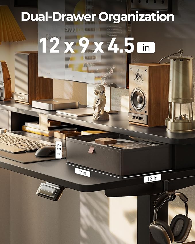 FEZIBO 48 x 24 Inch Height Adjustable Electric Standing Desk with Double Drawer, Stand up Home Office Computer Desk with 4 Height-Adjustable Feets & 2 Hooks,Black