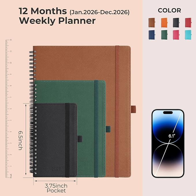 IN-LUXPRO Planner 2026 Daily Weekly and Monthly,6.5"x3.75",12 Months Spiral Bound Calendar Agenda with Self-adhesive Pen Holder,2026 Appointment Book with Vegan Leather Soft Cover,Green