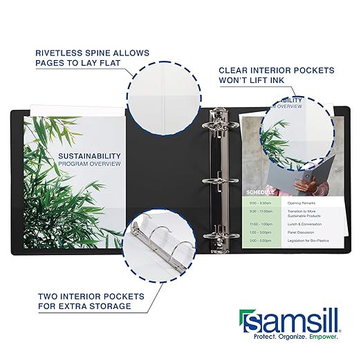 Samsill 1 Inch 3 Ring Binders, Made in USA, Economy Round Ring, Clear View Cover, 200 Sheet Capacity - for School, Home, Office - Black, 4 Pack