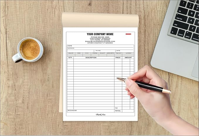 Custom Carbonless Invoice Book with Logo, Personalized Cover & Inner Pages, 2 Part NCR Receipt & Work Order Forms, Easy Tear, Writing Shield for Small Business (2-Part [White/Blue], 10.24 * 7.48INCH)