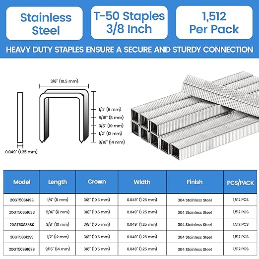 meite T-50 Staples Marine, 3/8 Inch 304 Stainless Steel Staples for Staple Gun, Heavy Duty 20 Gauge 3/8 Inch Crown T-50 Upholstery Staple for Marine Applications (5 Packs)