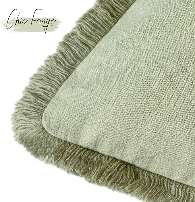 Foindtower Set of 2 Decorative Linen Fringe Throw Pillow Covers Farmhouse Cushion Cover with Tassels Lumbar Accent Pillowcase for Couch Bed Living Room Home Bedroom Decor,12×24 Inch,Light Sage Green