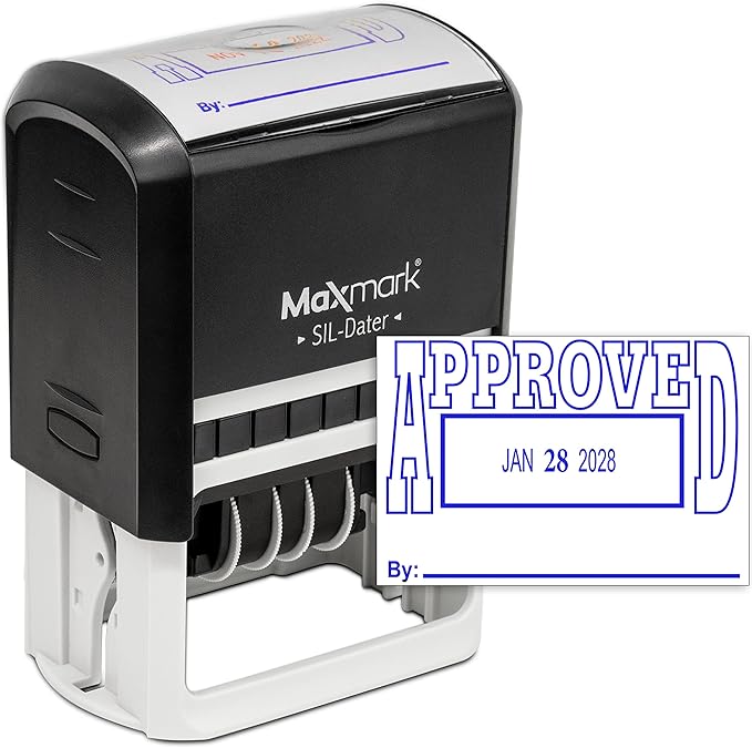 MaxMark Large Self-Inking Rubber Date Office Stamp with Approved Phrase & Date - Blue Ink, 12-Year Band - Style 5