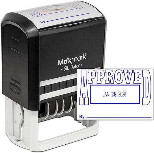 MaxMark Large Self-Inking Rubber Date Office Stamp with Approved Phrase & Date - Blue Ink, 12-Year Band - Style 5