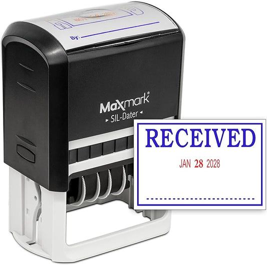MaxMark Large Self-Inking Rubber Date Office Stamp with Received Phrase & Date - Blue/Red Ink, 12-Year Band - Style 3